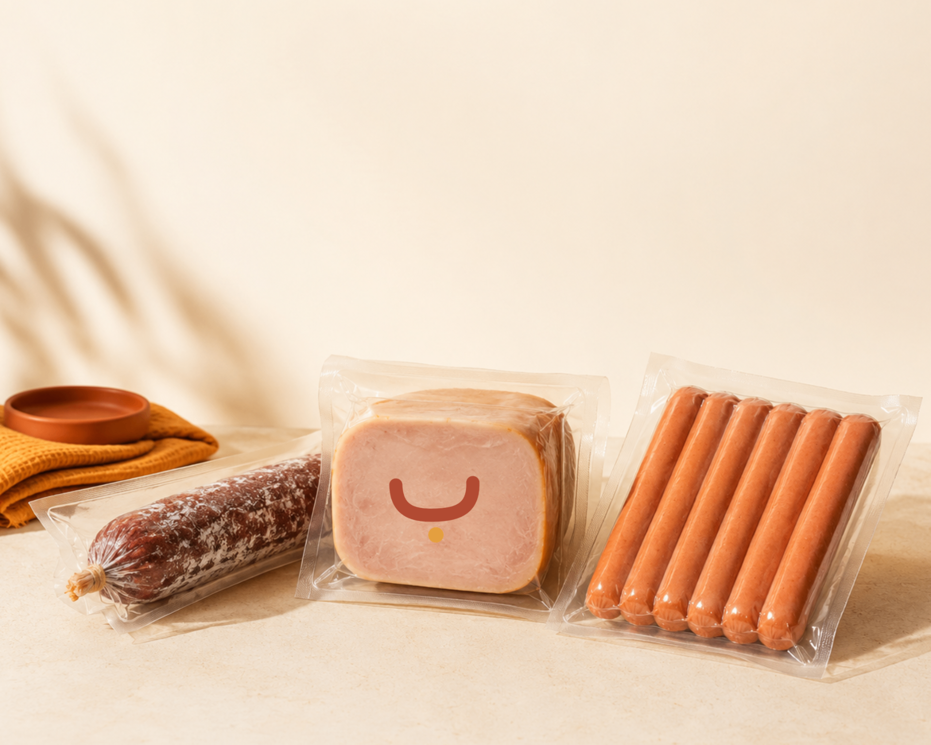 Saucisson, jambon et saucisses halal sous vide