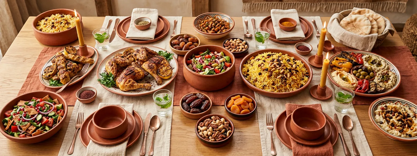 Grande tablée de fête garnie de grillades de volaille halal, riz et salades pour l'Aïd
