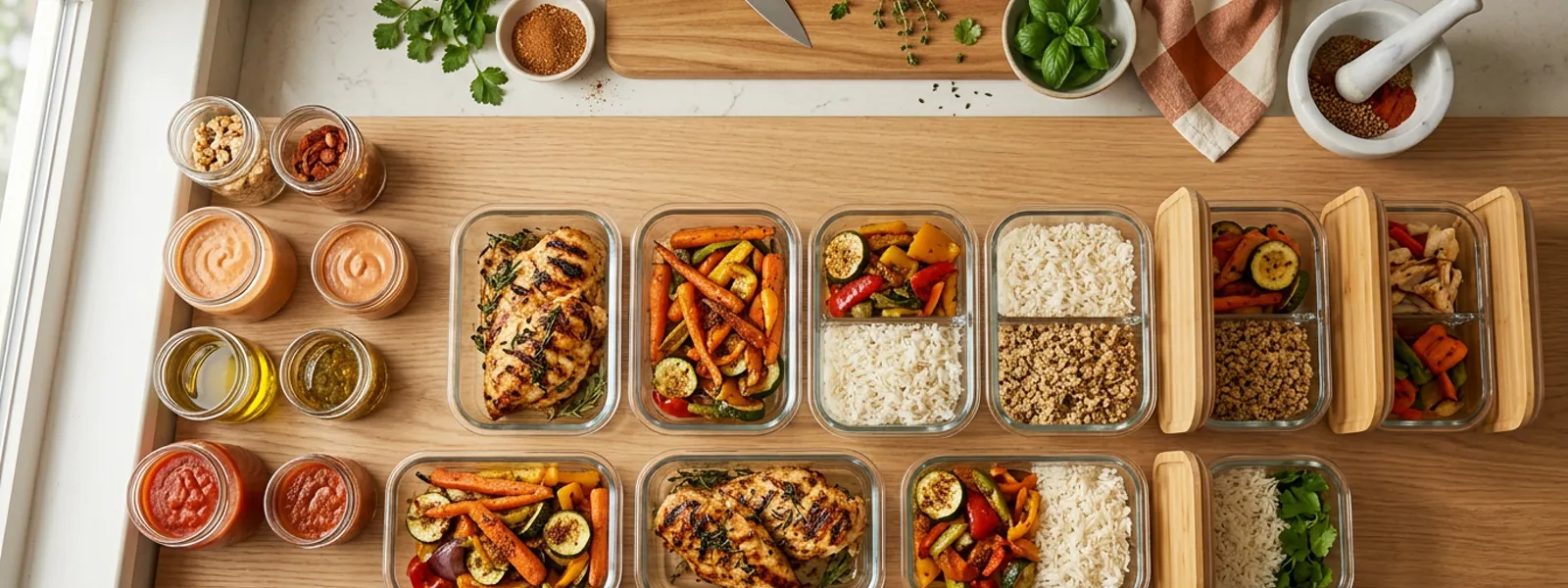 Plan de travail organisé pour le batch cooking avec volaille halal portionnée en contenants