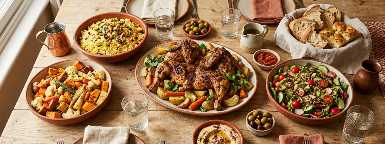 Repas familial généreux de volaille halal, riz et légumes sur une table conviviale