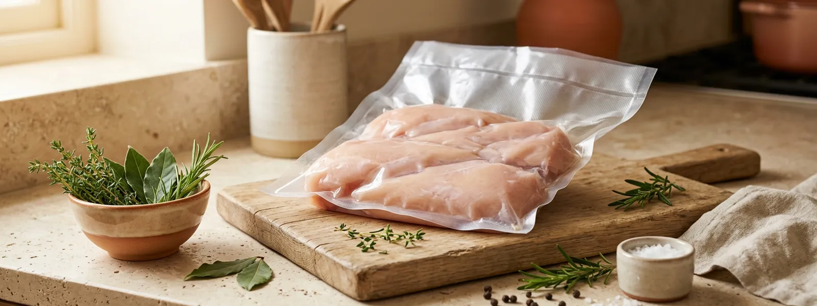 Morceaux de volaille halal fraîche sous vide sur un plan de travail