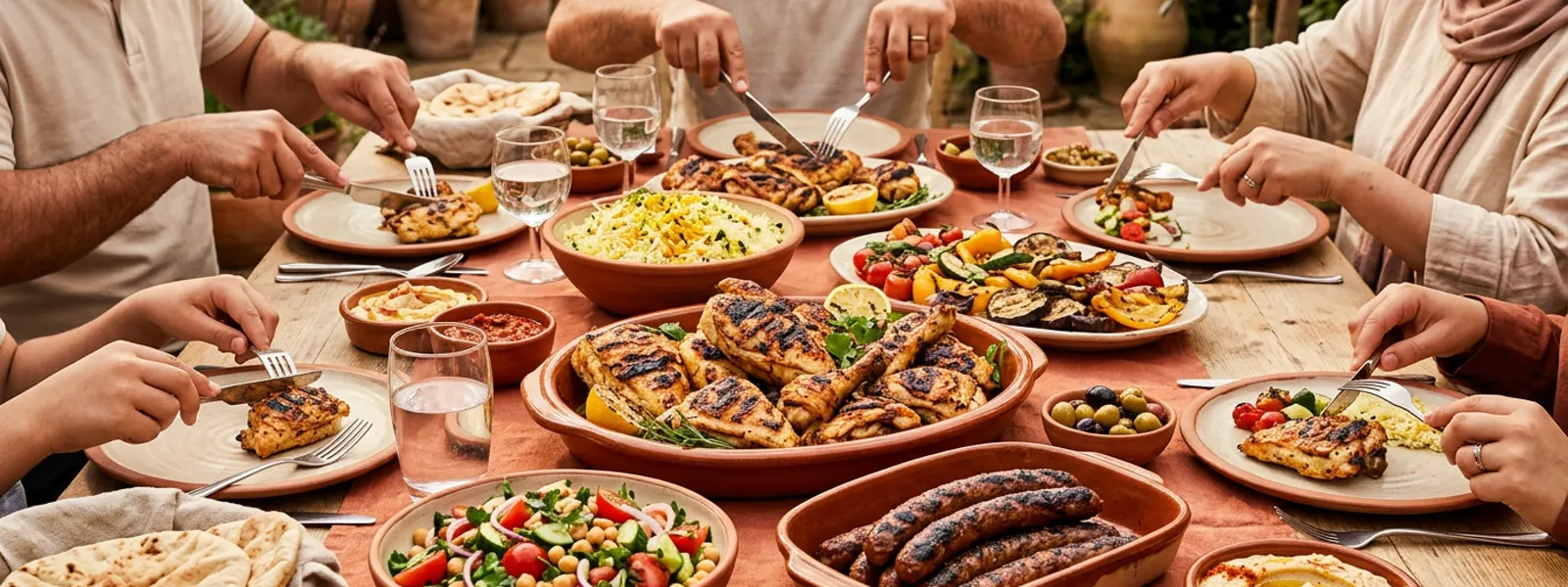 Table conviviale garnie de grillades de volaille halal, merguez et accompagnements
