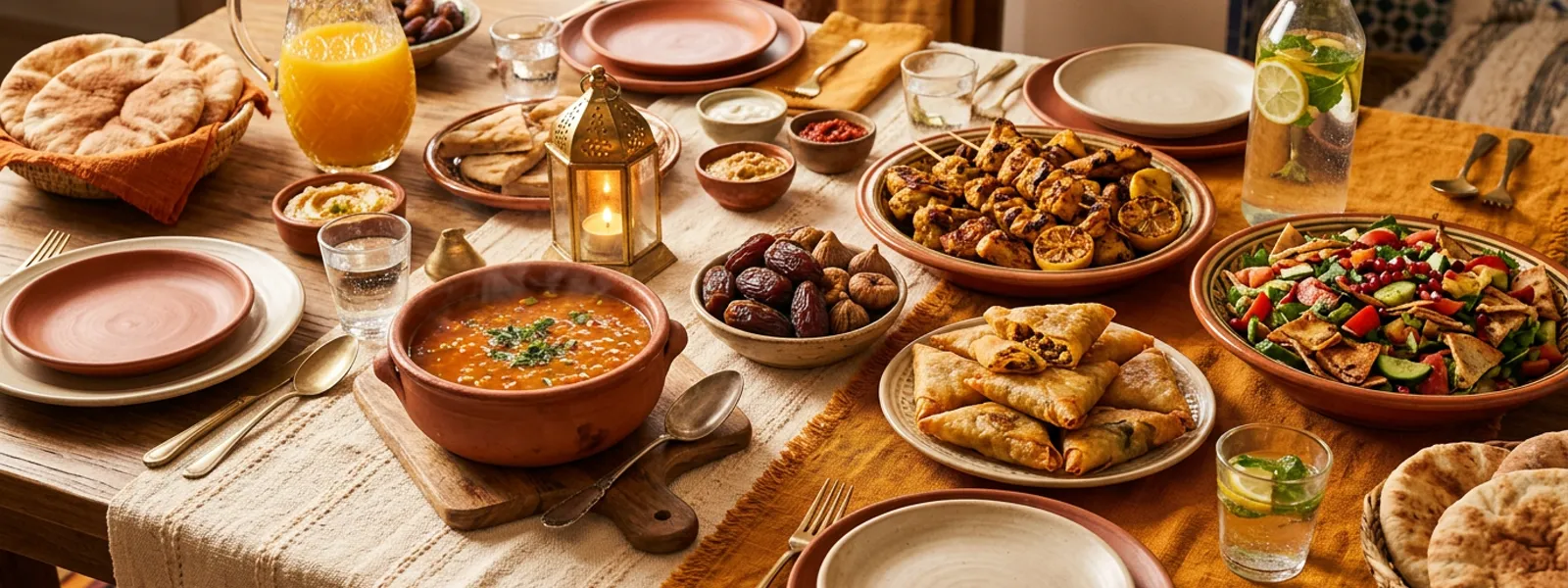 Table de rupture du jeûne du Ramadan garnie de dattes, soupe, volaille halal et bricks